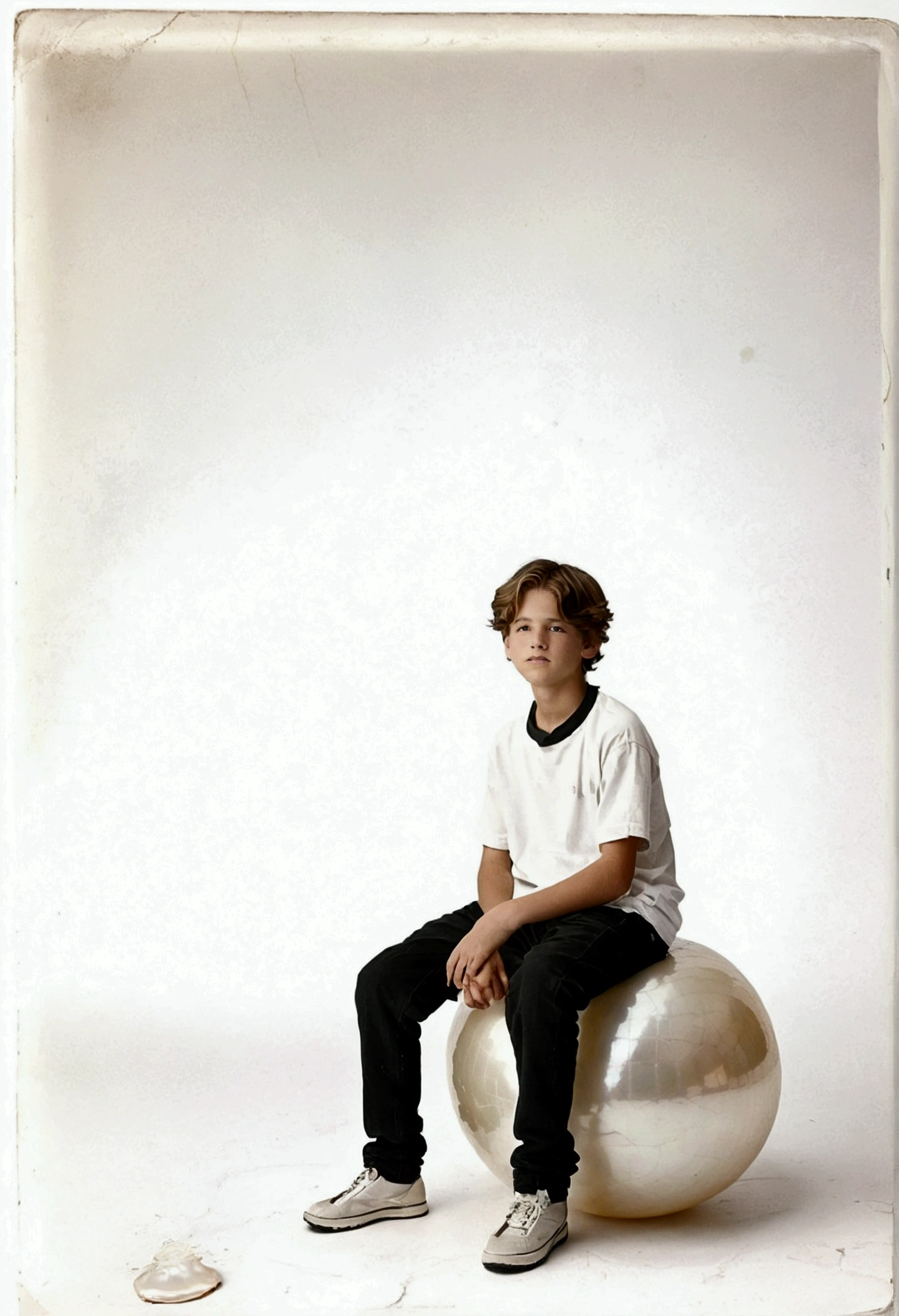 Simple white background,A male teenager sits sideways on a huge pearl