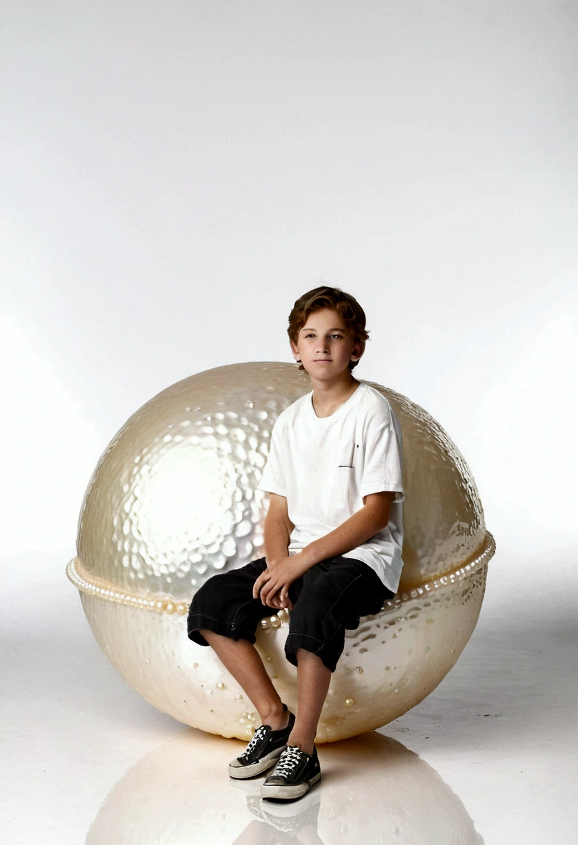 Simple white background,A male teenager sits sideways on a huge pearl,huge white pearl,Huge shells