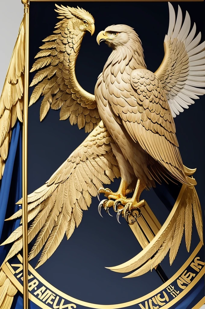 Draw a flag depicting Zeus with a golden eagle by his side, representing power and royalty. The background should be grayish blue with black borders and golden details. The name 'Equipe Zeus' should be written on a black banner at the bottom. The flag should be regal, powerful, and classic.