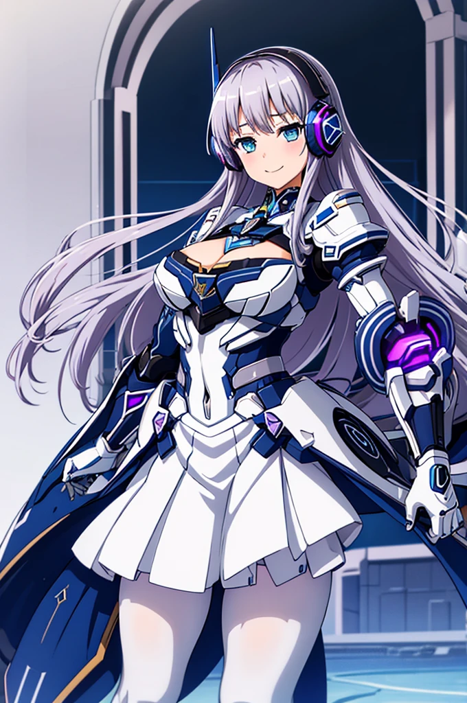 Mecha Wings、White and blue skirt、Accentuated thighs、White tights、chest、Beautiful silver hair、1 girl、solo girl、Thick thighs、is、Frame Arms Girl、Alice Gere Aegis、White Armor、Blue and purple lines、income、headphone、hand on own chest、smile