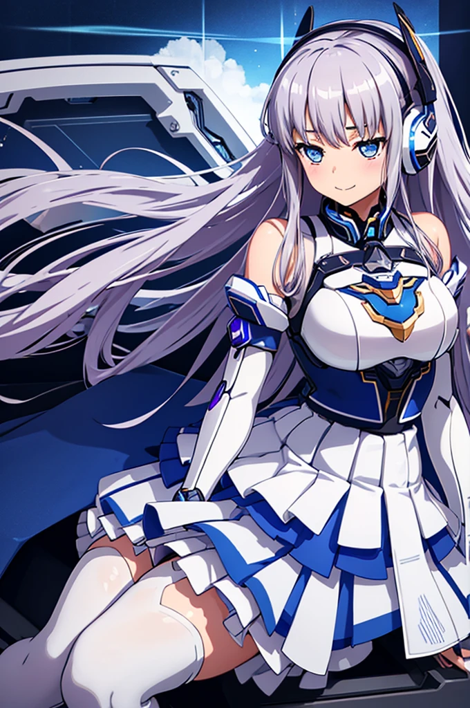 Mecha Wings、White and blue skirt、Accentuated thighs、White tights、chest、Beautiful silver hair、1 girl、solo girl、Thick thighs、is、Frame Arms Girl、Alice Gere Aegis、White Armor、Blue and purple lines、income、headphone、hand on own chest、smile