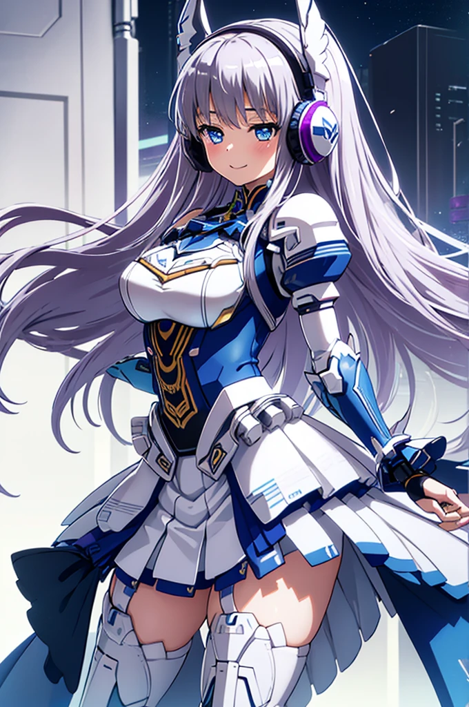 Mecha Wings、White and blue skirt、Accentuated thighs、White tights、chest、Beautiful silver hair、1 girl、solo girl、Thick thighs、is、Frame Arms Girl、Alice Gere Aegis、White Armor、Blue and purple lines、income、headphone、hand on own chest、smile