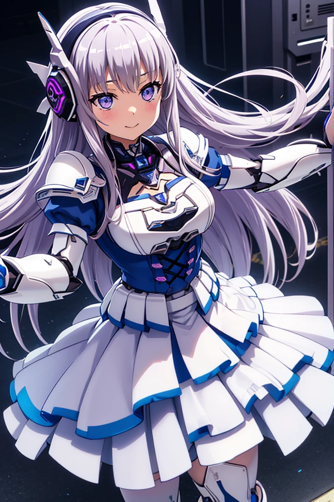 Mecha Wings、White and blue skirt、Accentuated thighs、White tights、chest、Beautiful silver hair、1 girl、solo girl、Thick thighs、is、Frame Arms Girl、Alice Gere Aegis、White Armor、Blue and purple lines、income、headphone、hand on own chest、smile