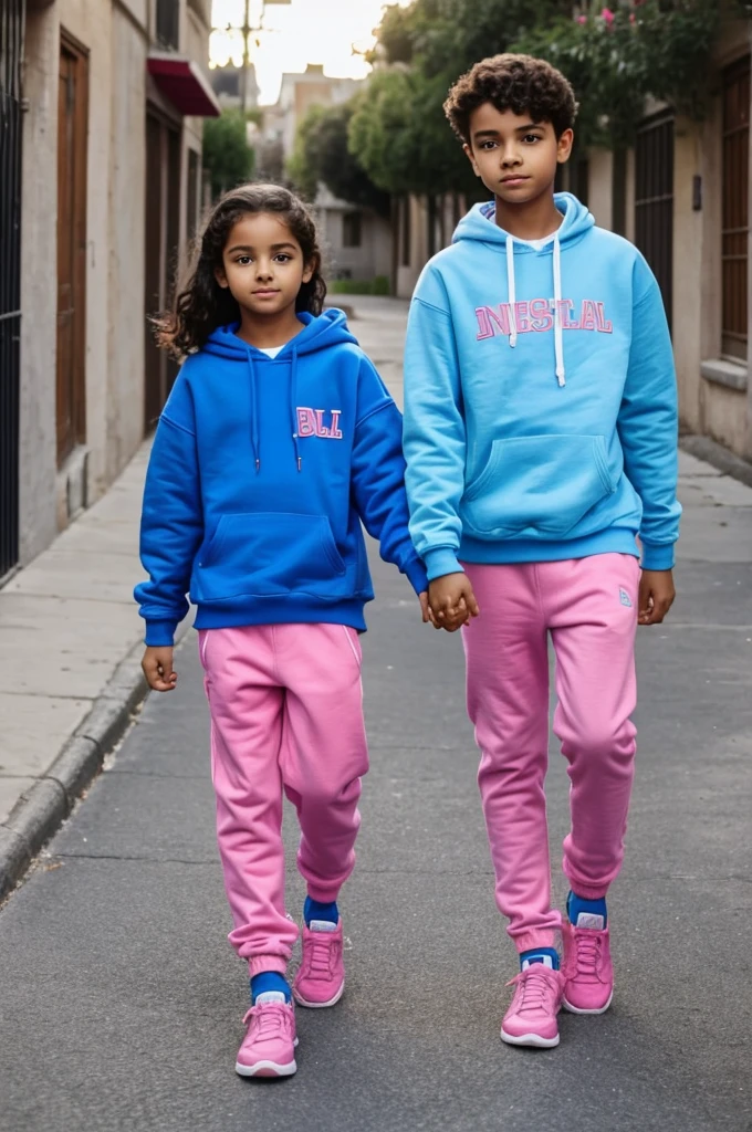 boy and girl holding hands. The boy in the blue sweatshirt and the name Abel and the girl in the pink sweatshirt with the name Estela