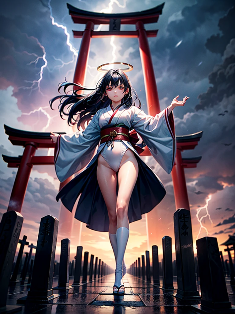 Highest Resolution,Highest quality,A beautiful girl with no expression in a white kimono leotard,(((No legs))),High leg,Floating in the air,Very beautiful red eyes,Black hair semi-long hair,Halo,thunderstorm,Bad weather,Japanese Cemeteries,A road lined with gravestones,1Two Red Torii Gates,Company,Bamboo grove,lightning,Lightning strikes,whole body,up,front,