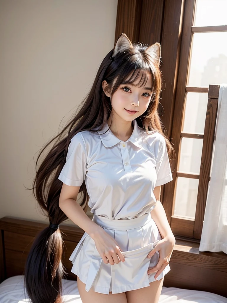 ((highest quality, 32k)), ((masterpiece)), (Familiar), Perfect Face, School Girl, pretty girl, On the bed, She has a bushy tail, She has a red fox tail., She stands up her fluffy tail, Beautiful hip line, Small breasts, She is wearing a cute uniform, A large tail sticks out, Climbing on all fours, Slender body, She looks shyly at her tail, Her tail pushes up her skirt to reveal her white panties, A red fox tail protrudes from the hem of her skirt., Embarrassed face, กางเกงในสีขาว, กางเกงใน รัดรูป,