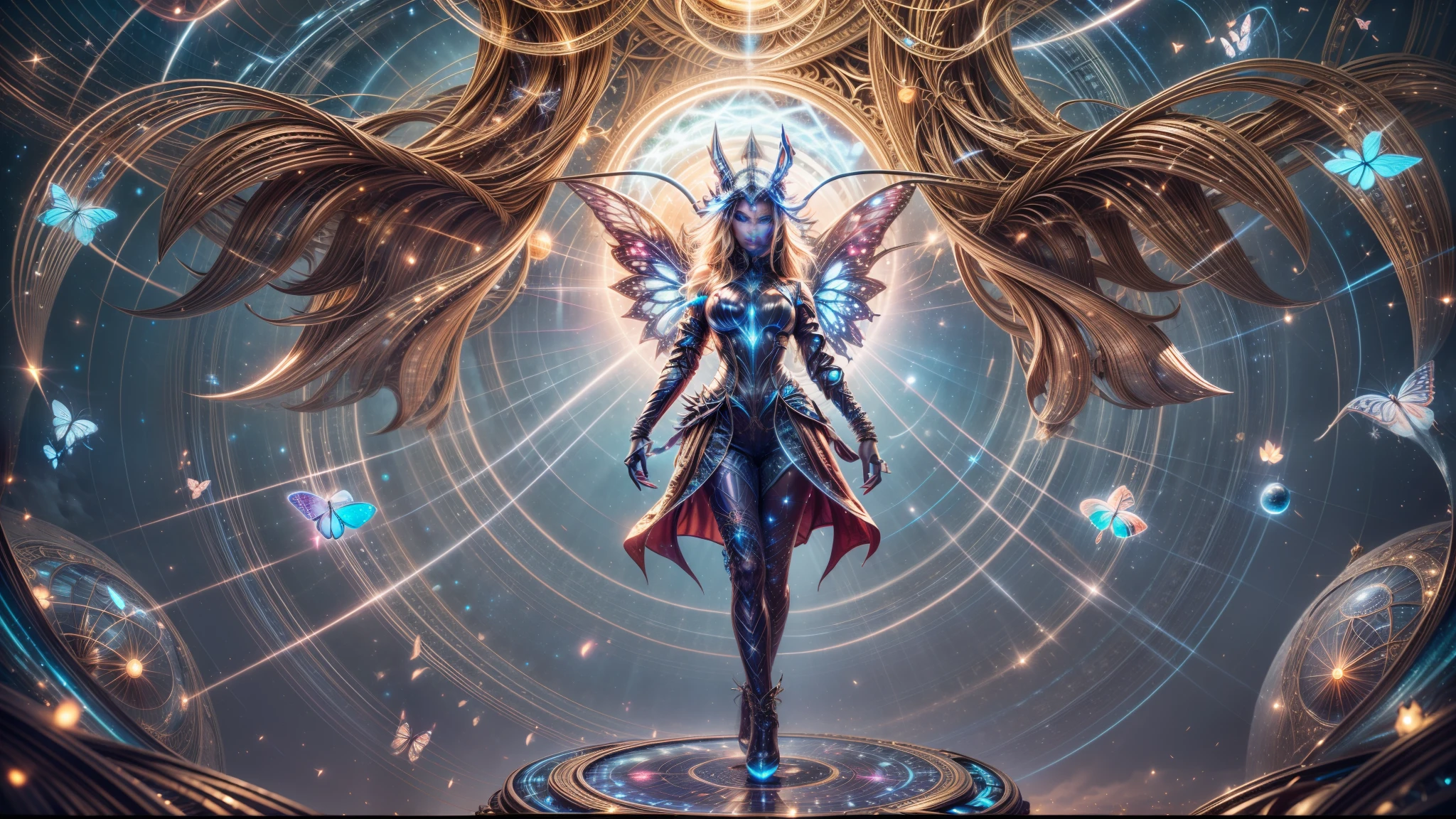 absurdres , highres, ultra detailed, (1girl:1.3), BREAK, fantasic dress, headwear, BREAK, light persona, dark persona, mind control, fractal, full body, ceiling, Artistic Background, blue Bioluminescence, Geometric, Organic, blessing, favor, exalted, sublime, noble, unfolding, unraveling, antigravity, antimatter, guardian angel, holy, sacred, spiritual, dignified, red Bioluminescence, flower, holographic wings, on Magic circle, Photon, butterfly, scales, galaxy, BEARK,