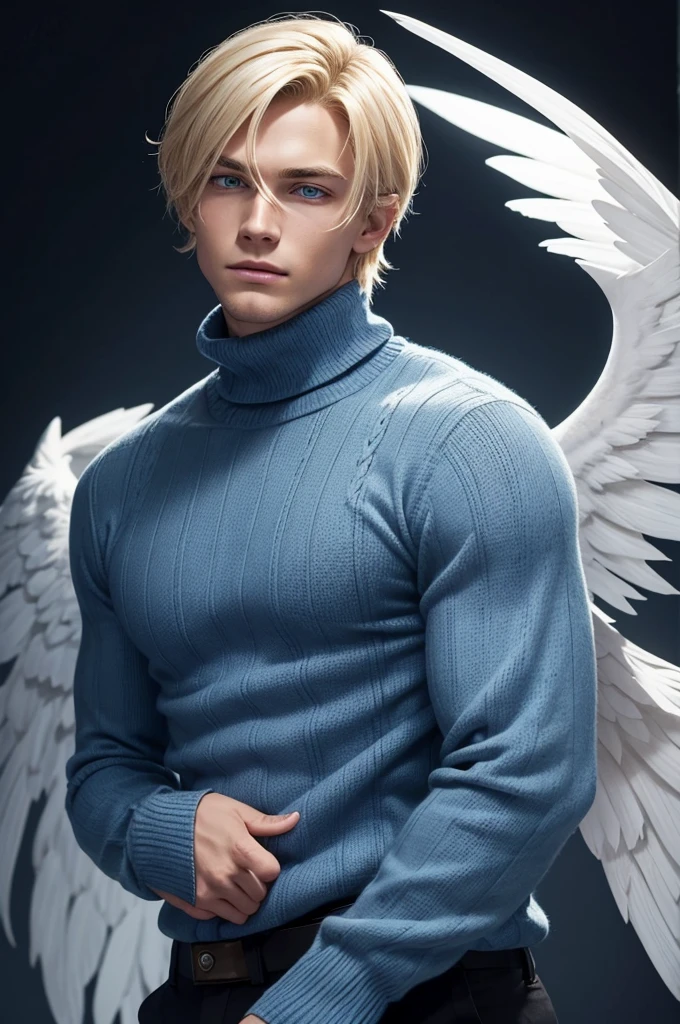 young man with blonde hair combed back. With dark and serious blue eyes, he has multiple diagonal scars that go from one side of his face to the other as if they were scratches. The expression on his face is serene and contemplative. He wears a blue turtleneck sweater with long sleeves that cover his hands. Large white wings extend from his back, like those of an angel.