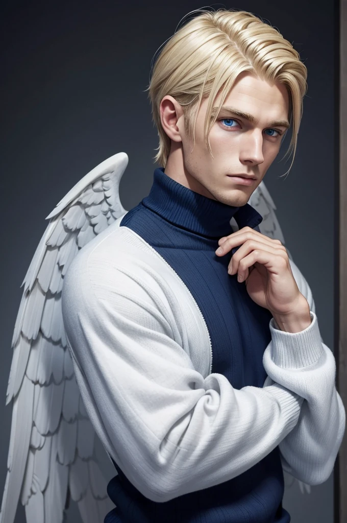 young man with blonde hair combed back. With dark and serious blue eyes, he has multiple diagonal scars that go from one side of his face to the other as if they were scratches. The expression on his face is serene and contemplative. He wears a blue turtleneck sweater with long sleeves that cover his hands. Large white wings extend from his back, like those of an angel.