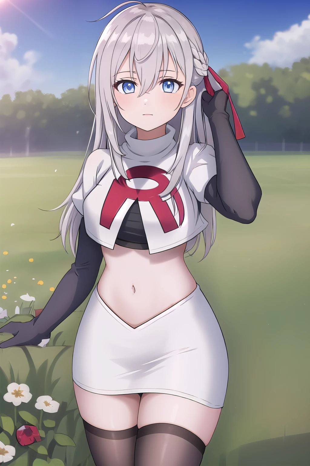 alisa,1girl,solo,long_hair,looking_at_viewer,bangs,blue_eyes,hair_between_eyes,hair_ribbon,ahoge,grey_hair,team rocket,team rocket uniform,white skirt,red letter R,crop top,black thigh-highs,black elbow gloves,flower_field