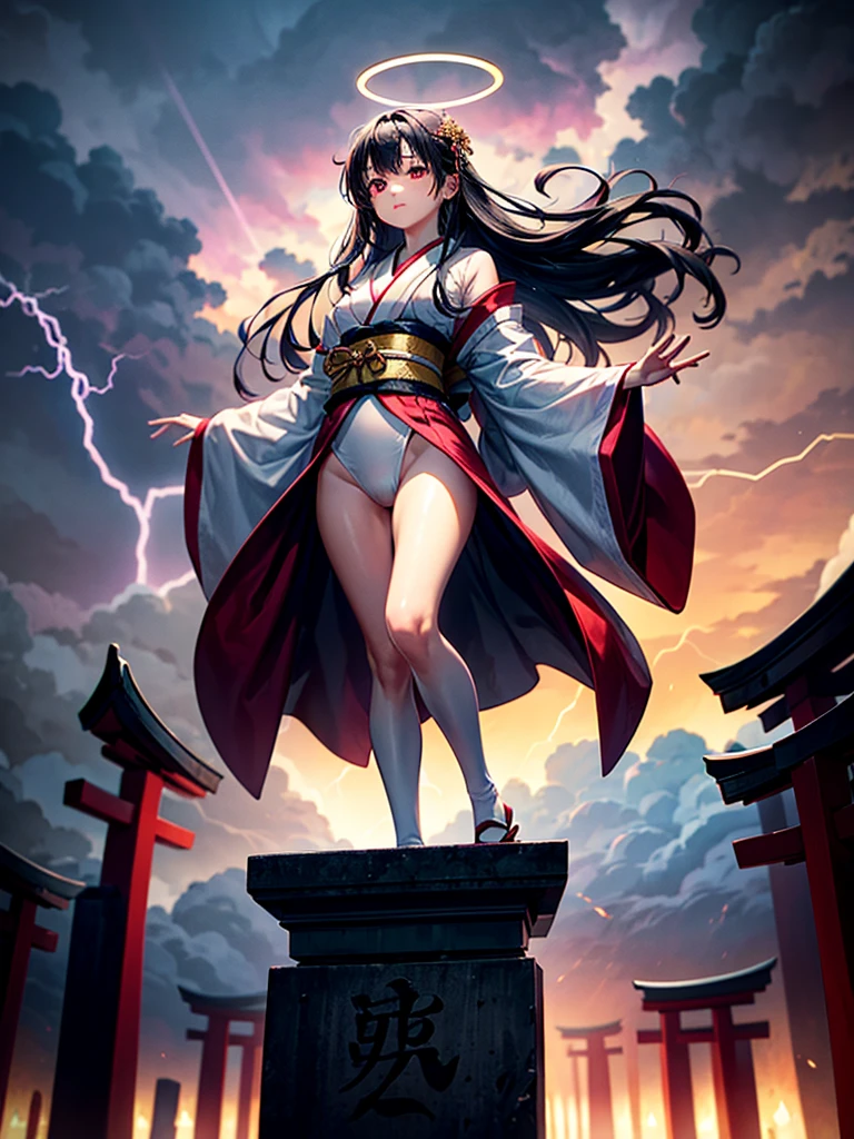 Highest Resolution,Highest quality,A beautiful girl with no expression in a white kimono leotard,(((No legs))),High leg,Floating in the air,Very beautiful red eyes,Black hair semi-long hair,Halo,thunderstorm,Bad weather,Japanese Cemeteries,A road lined with gravestones,1Two Red Torii Gates,Company,Bamboo grove,lightning,Lightning strikes,whole body,up,front,