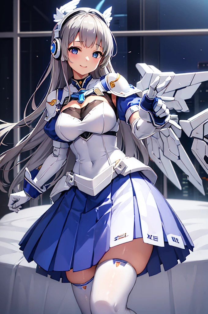 Mecha Wings、White and blue skirt、Accentuated thighs、White tights、chest、Beautiful grey hair、1 girl、solo girl、Thick thighs、is、Frame Arms Girl、Alice Gere Aegis、White Armor、Blue and purple lines、income、headphone、hand on own chest、smile