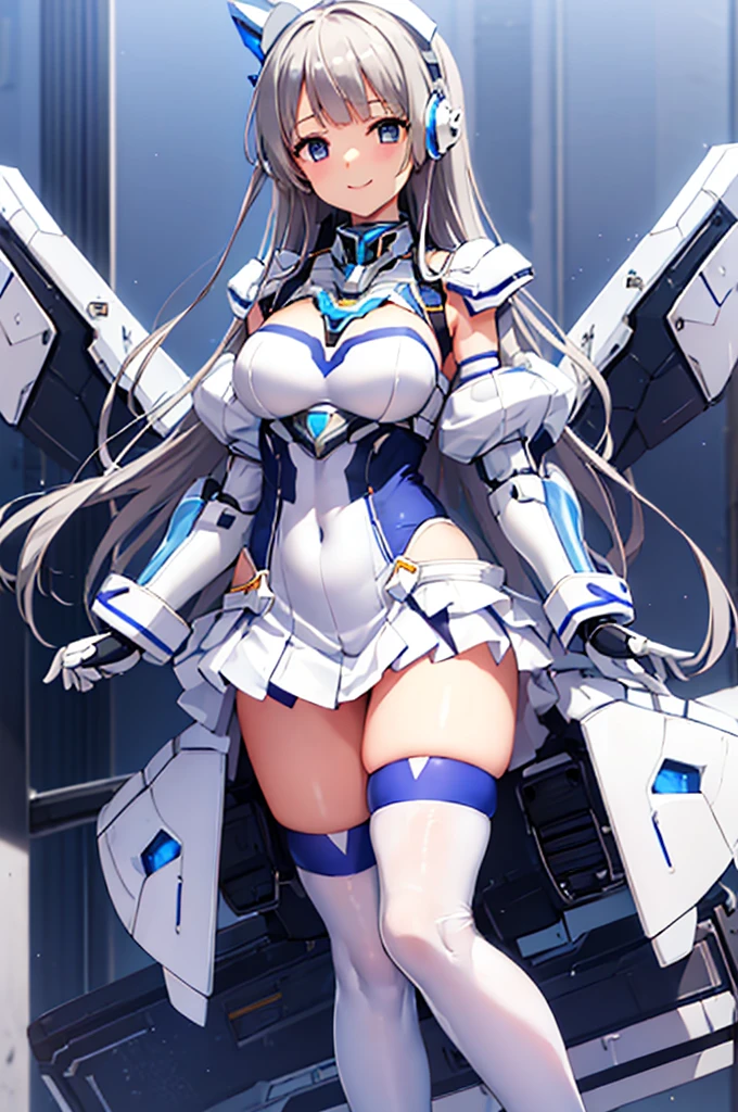 Mecha Wings、White and blue skirt、Accentuated thighs、White tights、chest、Beautiful grey hair、1 girl、solo girl、Thick thighs、is、Frame Arms Girl、Alice Gere Aegis、White Armor、Blue and purple lines、income、headphone、hand on own chest、smile