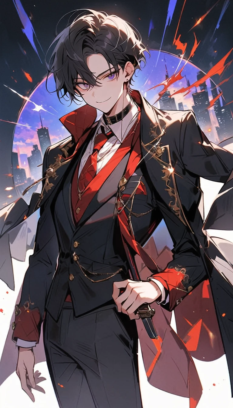 look good, alone, 1 man, short hair, Emotionless faces,1. เด็กผู้ชายที่มีblack hairและสีม่วง, Medium Height, Slim shape, long coat, Black lining,look good, short hair, black hair, rainbow hair, purple eyes, 先端がスモーキーグレーのblack hair, Smoking, black light,smile、, bright, สายตาที่เฉียบคมทำให้ฉากbrightขึ้น,uniform,Fewer accessories,whole body,white background,(Masterpiece, Highest quality), Yi Sang_edge, Default_Costume, A boy., alone, red tie, black jacket, black vest, jacket on shoulders, white shirt, collar shirt, black pants, See your viewers, city, nighttime, knife,紫色に光るknife身