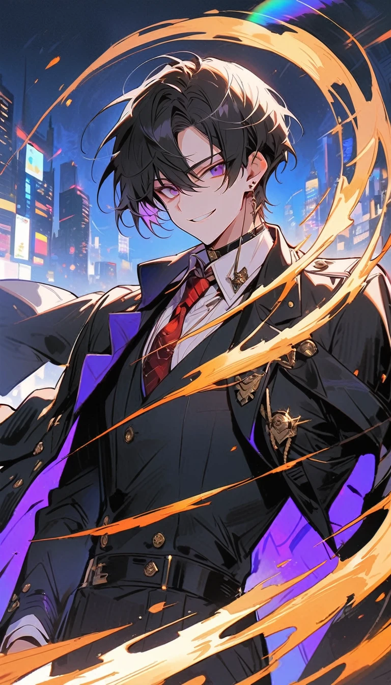 look good, alone, 1 man, short hair,  Emotionless faces,1. เด็กผู้ชายที่มีblack hairและสีม่วง,  Medium Height, Slim shape, long coat, Black lining,look good, short hair, black hair, rainbow hair, purple eyes, 先端がスモーキーグレーのblack hair,  Smoking, black light,smile、, bright, สายตาที่เฉียบคมทำให้ฉากbrightขึ้น,uniform,Fewer accessories,whole body,white background,(Masterpiece, Highest quality), Yi Sang_edge, Default_Costume, A boy., alone, red tie, black jacket, black vest, jacket on shoulders, white shirt, collar shirt, black pants, See your viewers, city, nighttime, knife,紫色に光るknife身