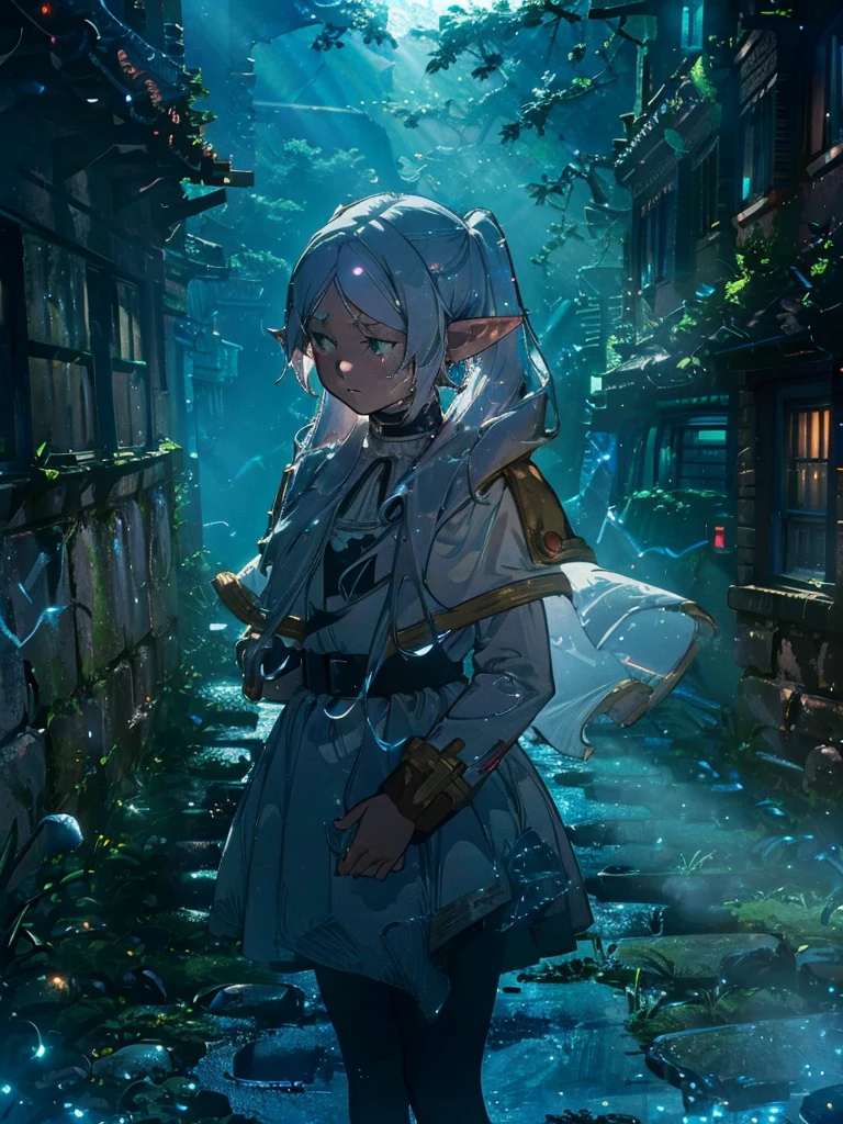 ((Frieren)), ((Masterpiece)), (Anime:1.5), (High Definition), (cowboy shot), (Professional Photography:1.2), (cinematic lighting),1girl, solo, (flat body), (Tears flow, expressionless), (standing on one leg), beautiful, elf, pointy ears, white hair, ((very long twintails)), green eyes, white dress, put on black tights, (white cape), magic, ((dimly lit alley, ruins)), cityscape