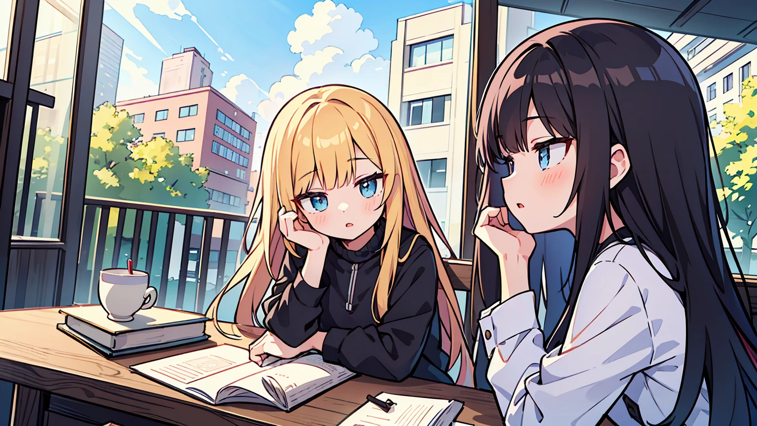 (masterpiece, best quality),18 years old, 2 women, black long hair,golden bob, different faces, modern design cafe,outdoors, stylish outfit, chapped lips, cloud, sunlight, casual attire, whole body, from the side, study at the table,My eyes are on the note, stylish outfit, The interior has a very hip design.

