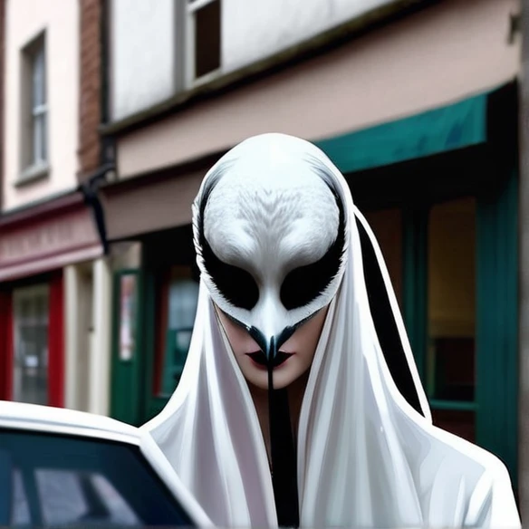 Imagine a woman with a swan head on a dark street in love supernatural