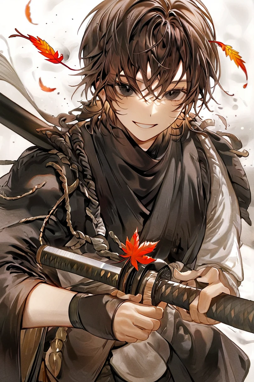 Ronin, Dirty, Boy, Two sword, black eyes, black samurai long unkempt hair, ragged body, gray- white Torn clothes, Smile, Maple leaf background.