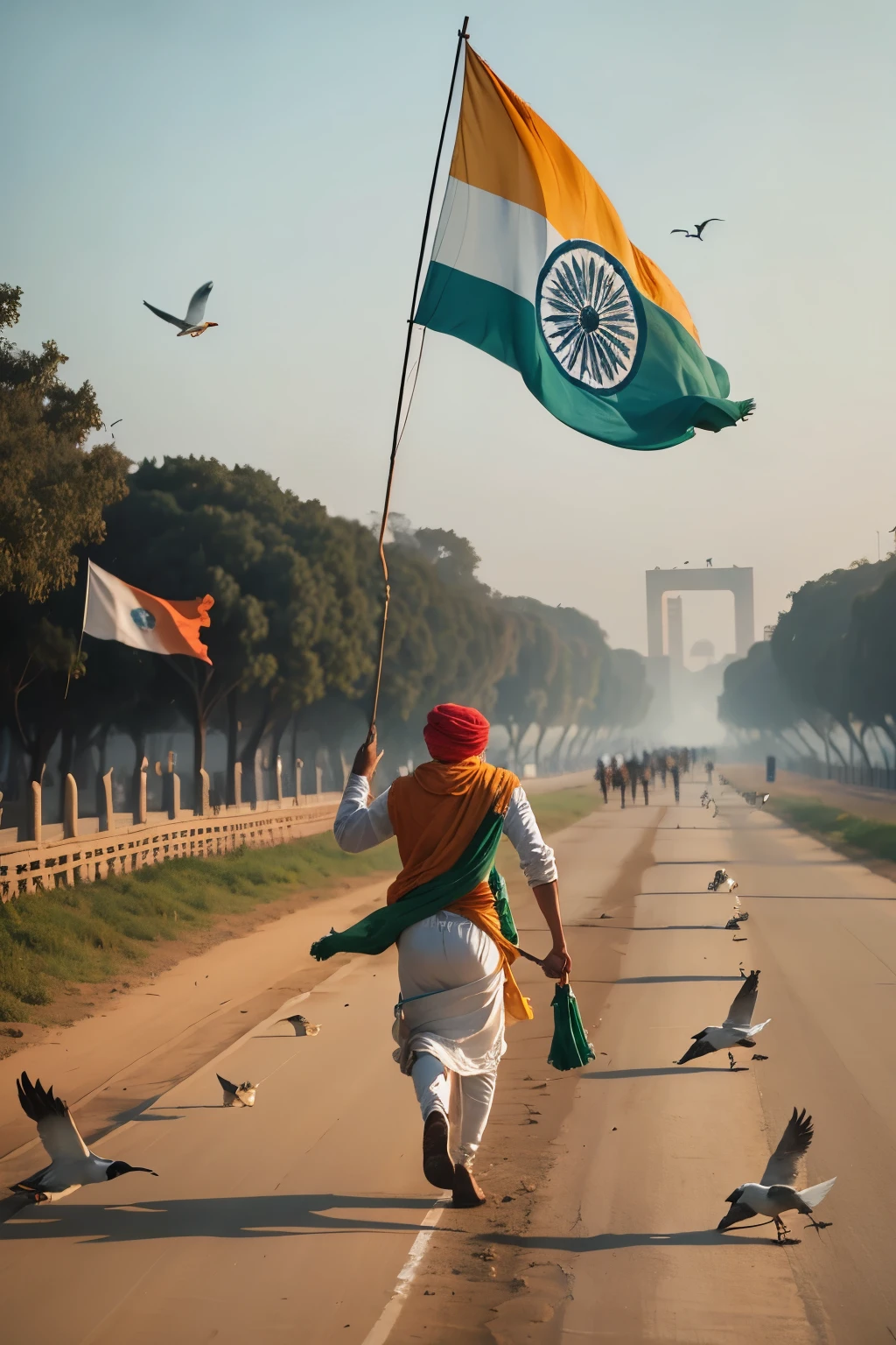 a holding Indian flag running with birds flying in the background