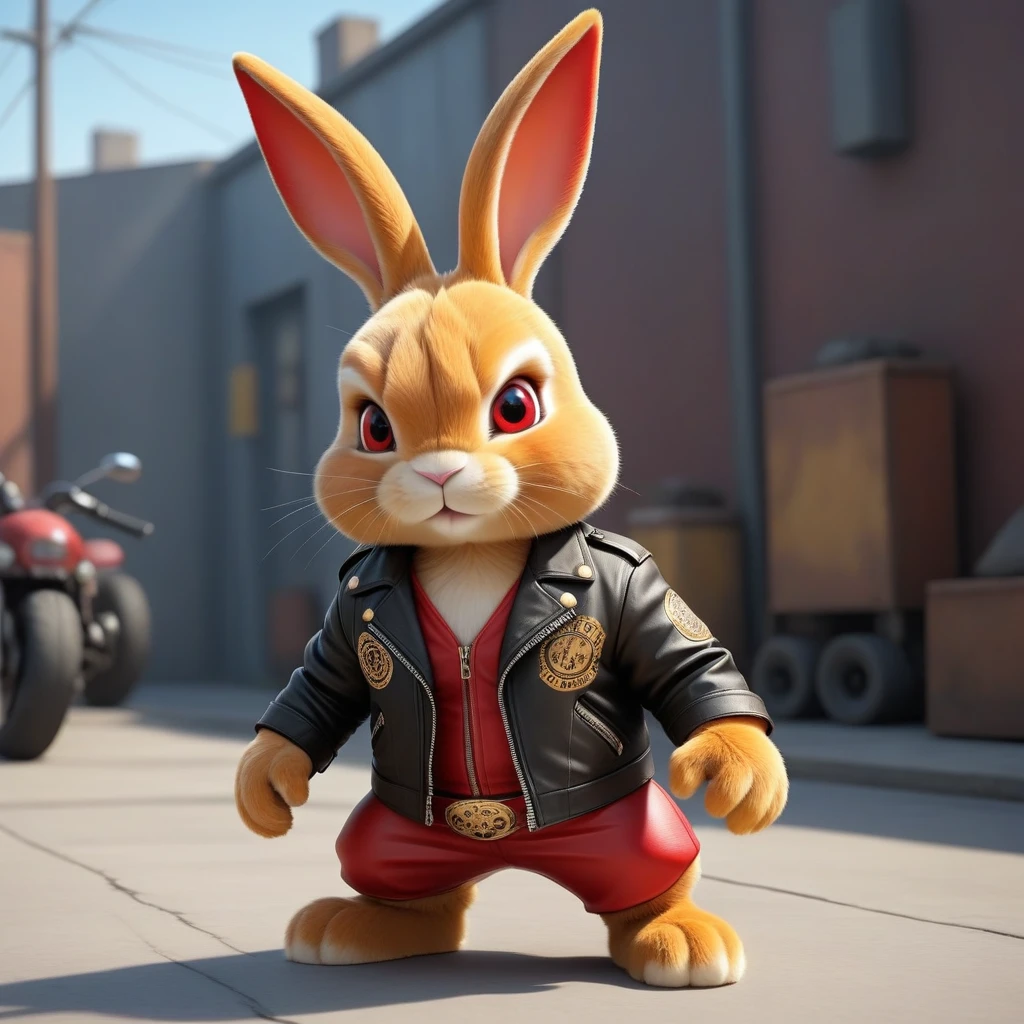 cartoon of (a tough rebellious red golden bunny dressed as a biker gang, leather jacket, Mohican:2.5), looking ahead at viewer, Symmetrical, chromatic fantasy, highy detailed, 8k, digitalpainting, oil painting, illustration, conceptual artwork, sharp focus, volumetric lighting, epic composition, CG Society, golden art station