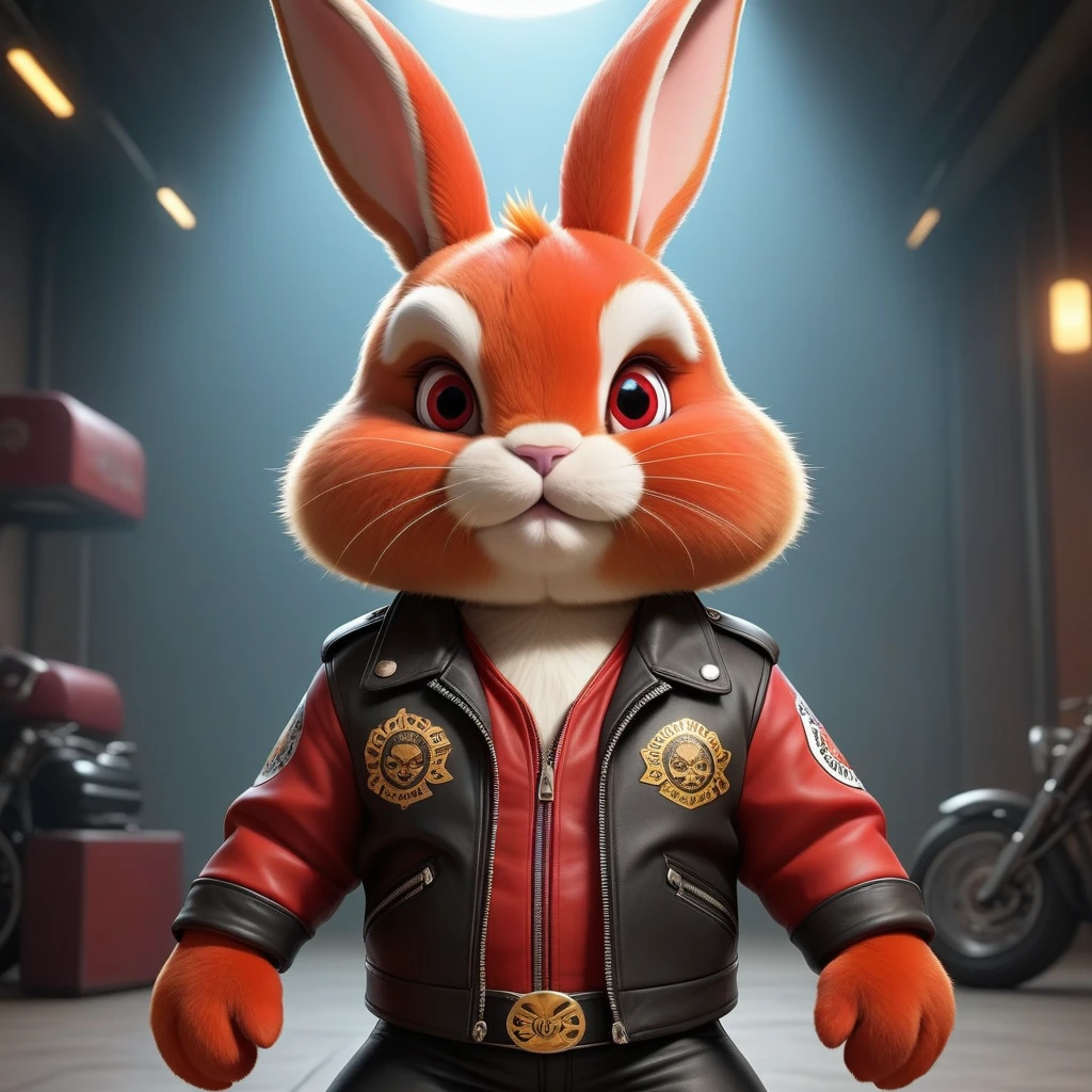 cartoon of (a tough rebellious red golden bunny dressed as a biker gang, leather jacket, Mohican:2.5), looking ahead at viewer, Symmetrical, chromatic fantasy, highy detailed, 8k, digitalpainting, oil painting, illustration, conceptual artwork, sharp focus, volumetric lighting, epic composition, CG Society, golden art station