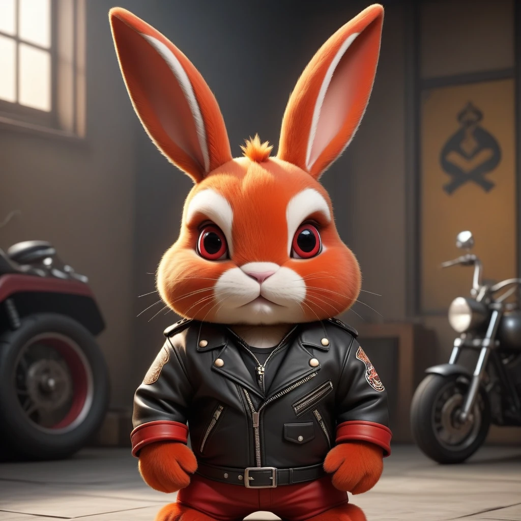 cartoon of (a tough rebellious red golden bunny dressed as a biker gang, leather jacket, Mohican:2.5), looking ahead at viewer, Symmetrical, chromatic fantasy, highy detailed, 8k, digitalpainting, oil painting, illustration, conceptual artwork, sharp focus, volumetric lighting, epic composition, CG Society, golden art station