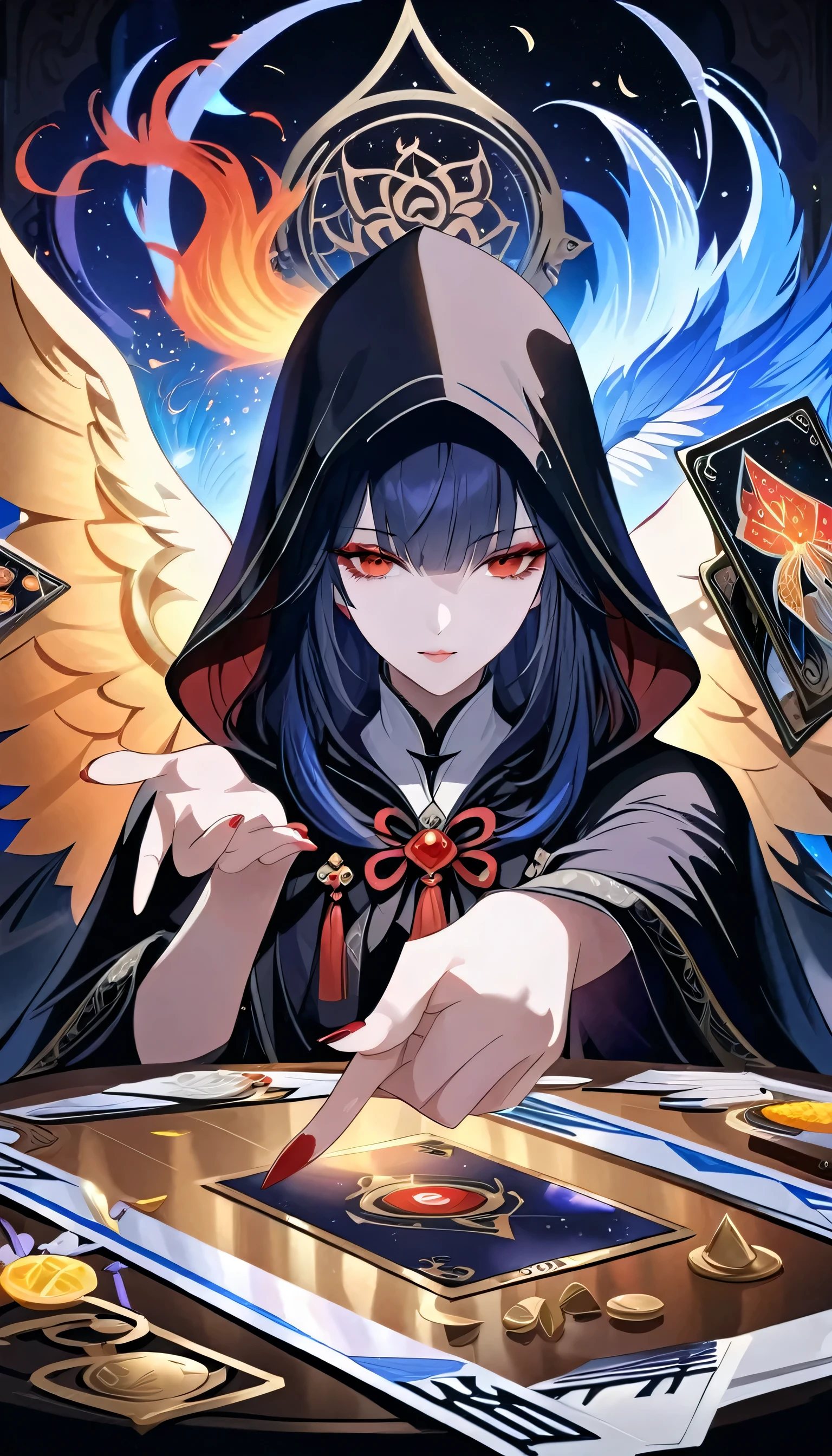 onmyoji,Metal Photo Frame,card,tarot cards:1.37.A mysterious hooded fortune teller,Finger taps an array of tarot cards in the air,Mystical symbols and elements,Ancient and mysterious atmosphere,Realistic illustrations and intricate details,Vibrant and energetic composition,Dark Style,Gothic style