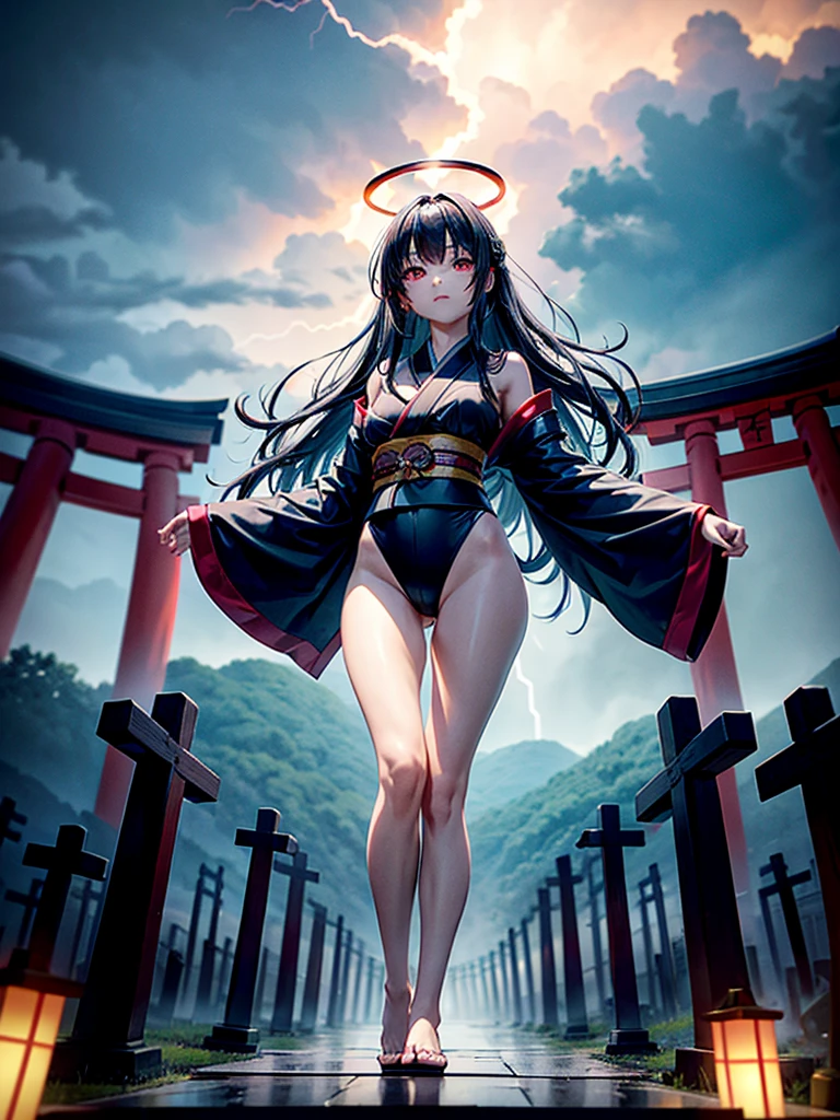 Highest Resolution,Highest quality,A beautiful girl with no expression in a black kimono leotard,(((No legs))),High leg,Floating in the air,Very beautiful red eyes,Black hair semi-long hair,Halo,thunderstorm,Bad weather,Japanese Cemeteries,A road lined with gravestones,1Two Red Torii Gates,Company,Bamboo grove,lightning,Lightning strikes,whole body,up,front,