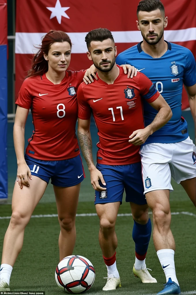 Décrivez ma couple qui porte des gendarmes couleur rouge arrêter Dans un terrain de footballes L'une porte le maillot de l'argentine le garçon porte le maillot du Portugal