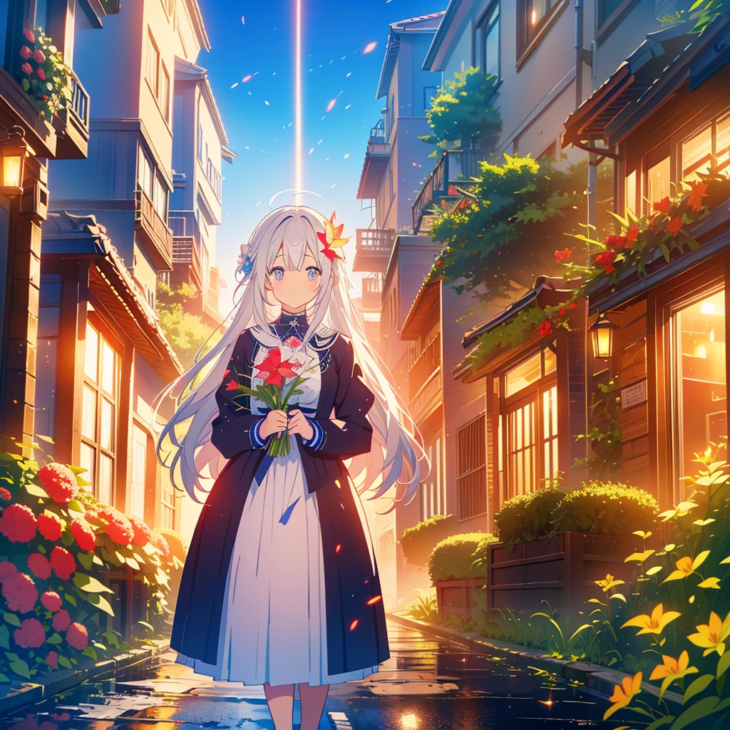 kawaii, anime, Cute, hyper quality, highly detailed, 16k, Front facing, Clarity, full body, one twenty year old woman, butler uniform, Shining long silver hair, lapis lazuli eyes, amaryllis, amaryllis flower, flower town, Draw facial expressions in detail, daytime, blue sky, after the rain, wet amaryllis, wet road, medieval cityscape, rainbow, particles of light, vivid sky, Pose with movement, bright amaryllis, colorful amaryllis,