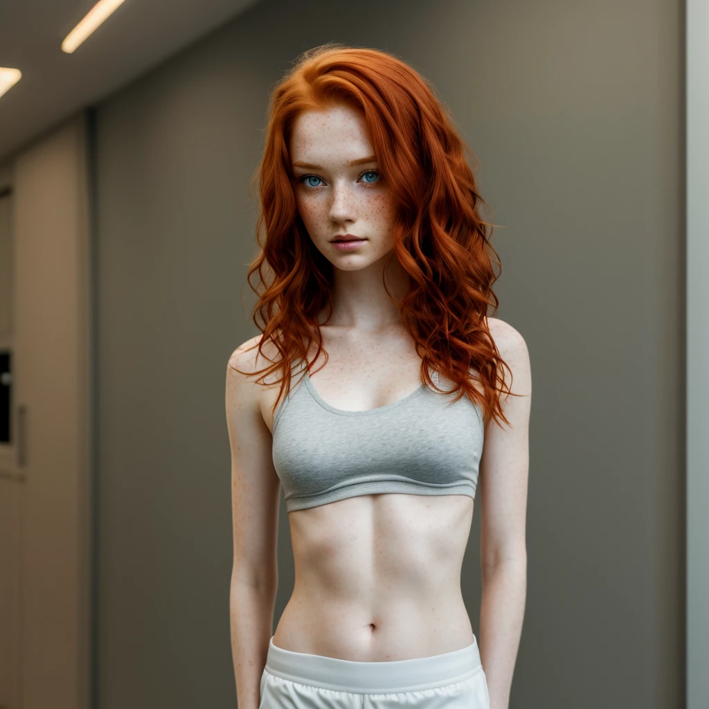 1 girl in, age 25, standing alone, aesthetic art, irish redhead, wavy red hair, shoulder length red hair, grey-eyed, light gray eyes, some small freckles, pale skin, cup c, medium breasts, runner&#39;s body, (texturized skin, skin pore:1.1), (moles:0.8), imperfect skin, shiver, sitting drinking tea, drinking tea, (extremely detailed 8k wallpaper), soft lighting, high qualiy, film grain, Sharp focus Fujifilm XT3, f5.6, 50mm, high détail, sharp focus,(naturallight), in purple lingerie, crazy details, complexdetails, hyperdetailed, Kale, Nipple botch