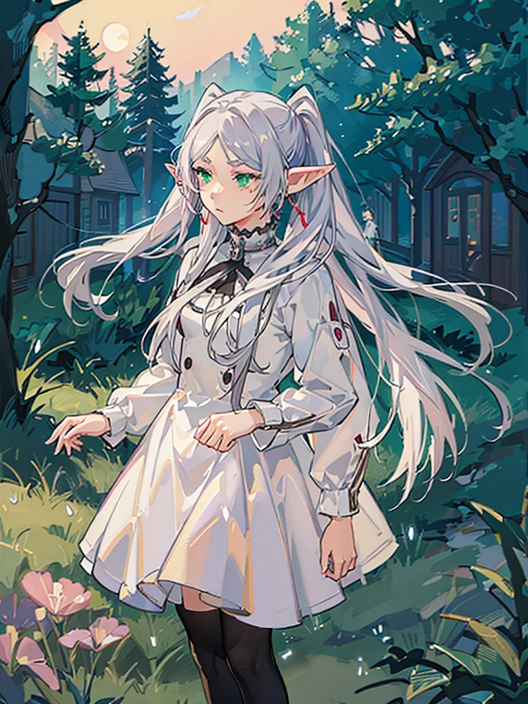 ((Frieren)), ((Masterpiece)), (Anime:1.5), (High Definition), (cowboy shot), (Professional Photography:1.2), (cinematic lighting),1girl, solo, (flat body), (Tears flow, expressionless), (standing on one leg), beautiful, elf, pointy ears, white hair, ((very long twintails)), green eyes, white dress, put on black tights, (white cape), magic, ((dimly lit alley, ruins)), cityscape