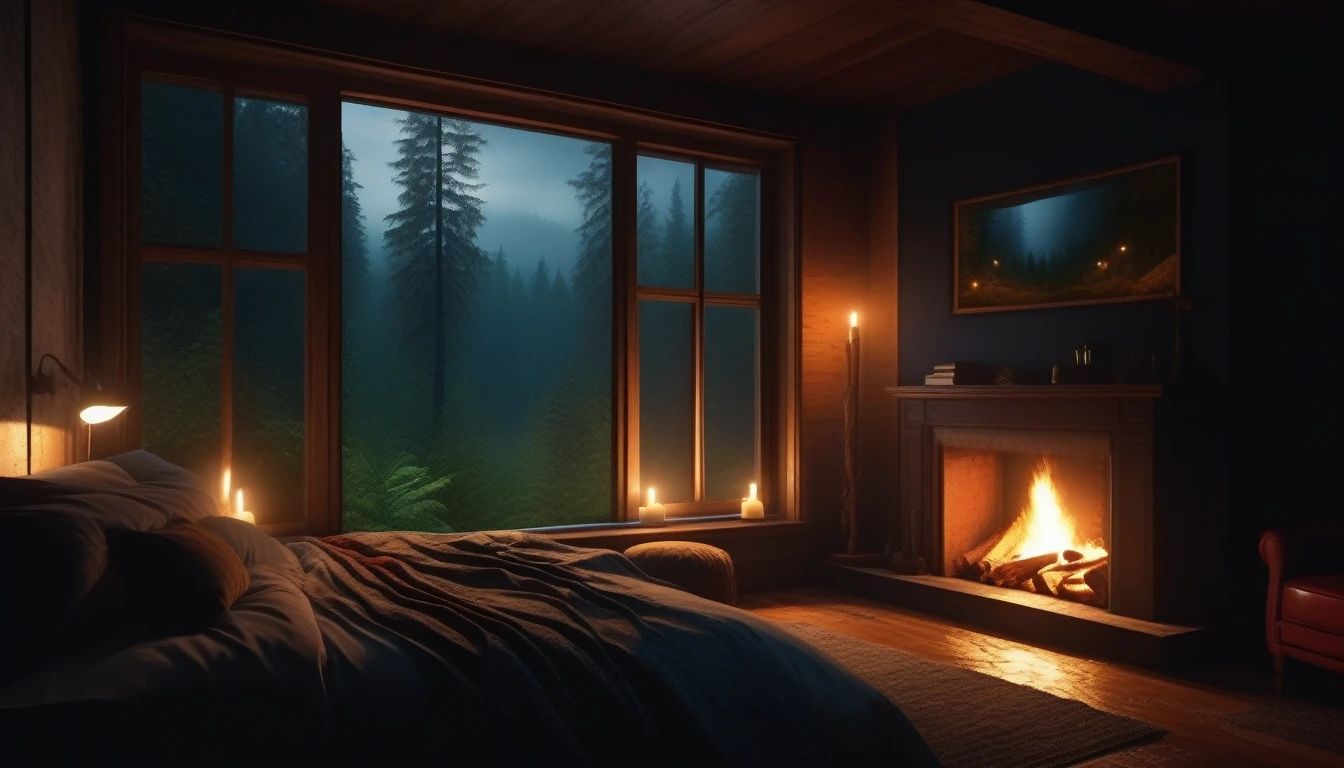 Bedroom view with fire in the fireplace in the room, large windows overlooking the forest, quiet night. original image, rainy day. original rendering, rainy night, gloomy cinematic lighting, atmosphere. digital painting, moody cartoon scenes, dramatic lighting. cinematic, cinematic,concept art, atmospheric shots, gloomy weather. hyperrealistic, atmospheric rendering, rainy night, huge forest, cinematic, 4k, ultra hd,atmospheric and gritty details, beautiful and cinematic lighting, rainforest