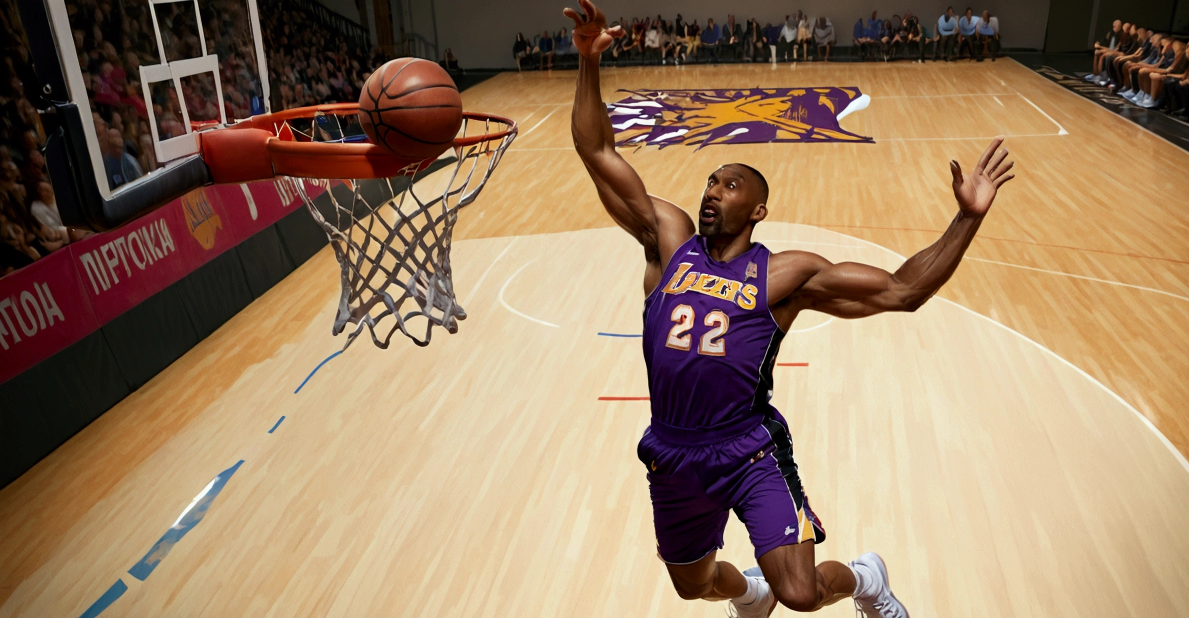 Portrait of a powerful basketball player performing a gravity-defying slam dunk, detailed muscular body, intense facial expression, dynamic motion blur, court setting, blur background, spectators cheering, golden hour lighting, digital art, octane render, cinematic composition, impactful dramatic atmosphere, hyperrealistic, 8k, photorealistic, studio lighting, vibrant colors, dramatic shadows, depth of field
