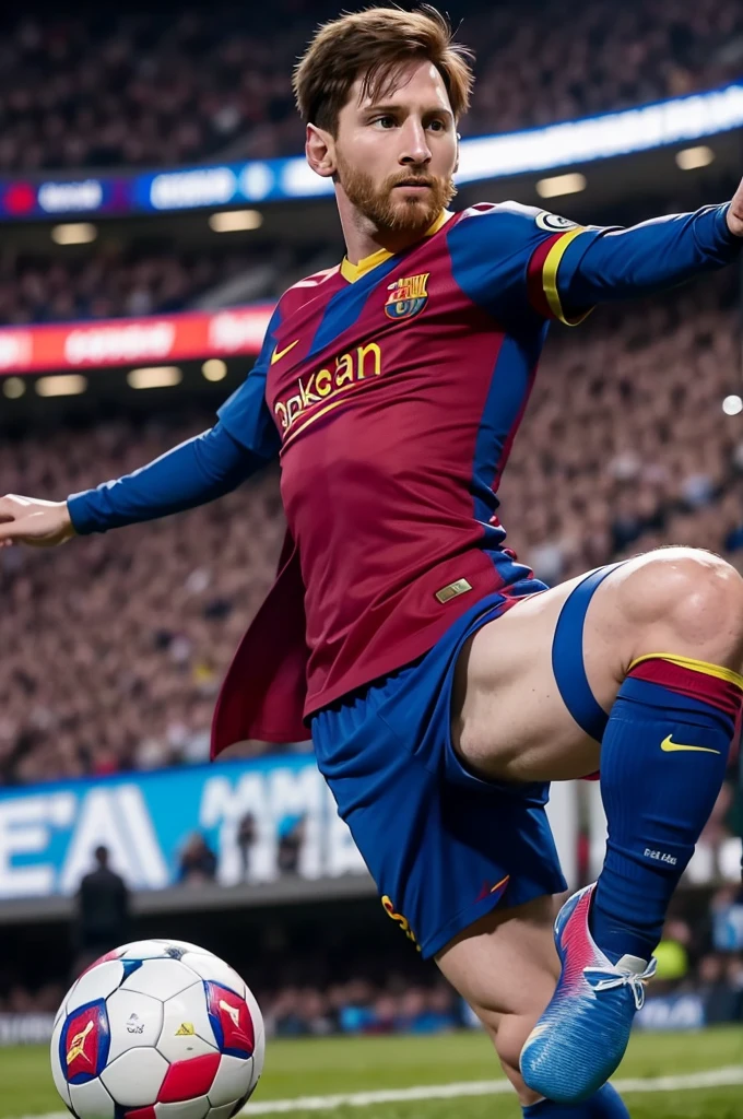 Messi player kicking ball dressed as Superman