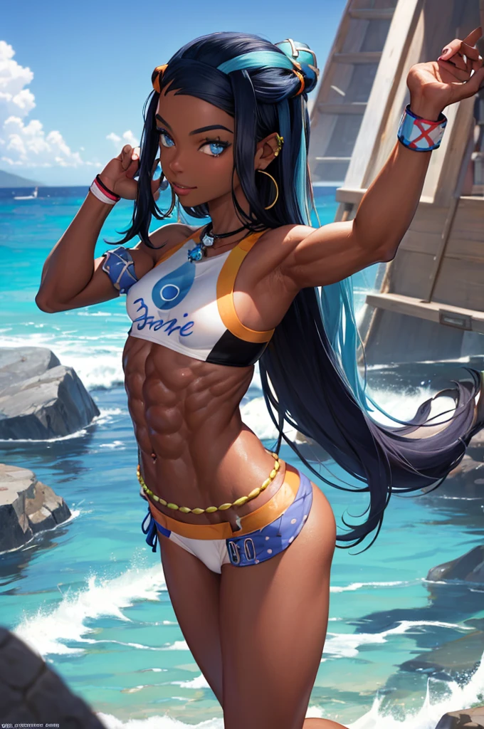 (anal,sex ,masterpiece, best quality:1.2), cowboy shot, solo, 1girl, 1man,nessa, cum in ass , cum on legs,dark skin, dark-skinned female, slight smile, looking at viewer, cum tribute, single hair bun, swimsuit, bikini, jewelry, necklace, earrings, belly chain, armlet, midriff, beach, (abs:1.5)