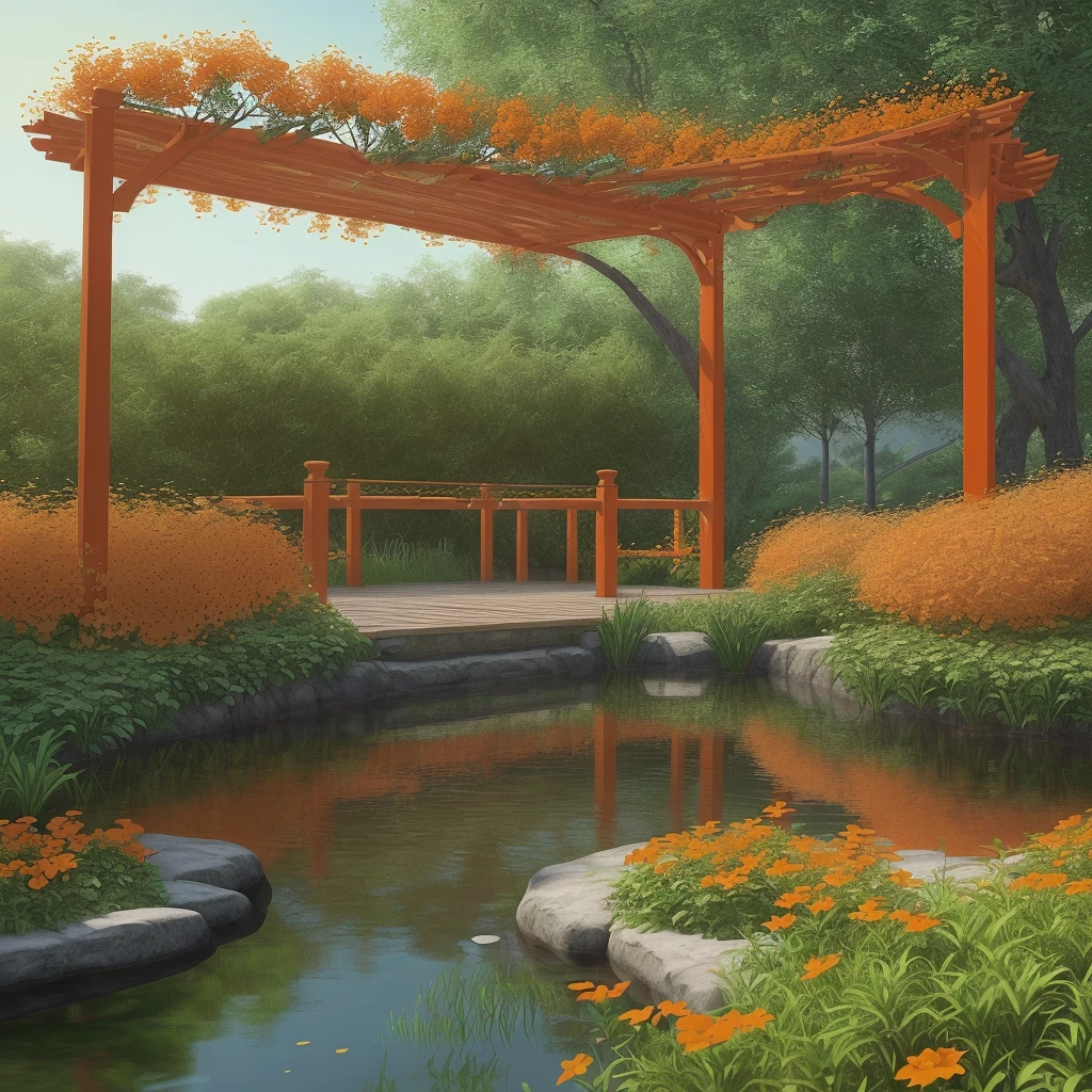 Help me create a landscaping project, being a pracinha, com plantas, wooden pergola structure, small lake, orange flowers, red flowers, ((真实感))((precision))((rendering))
