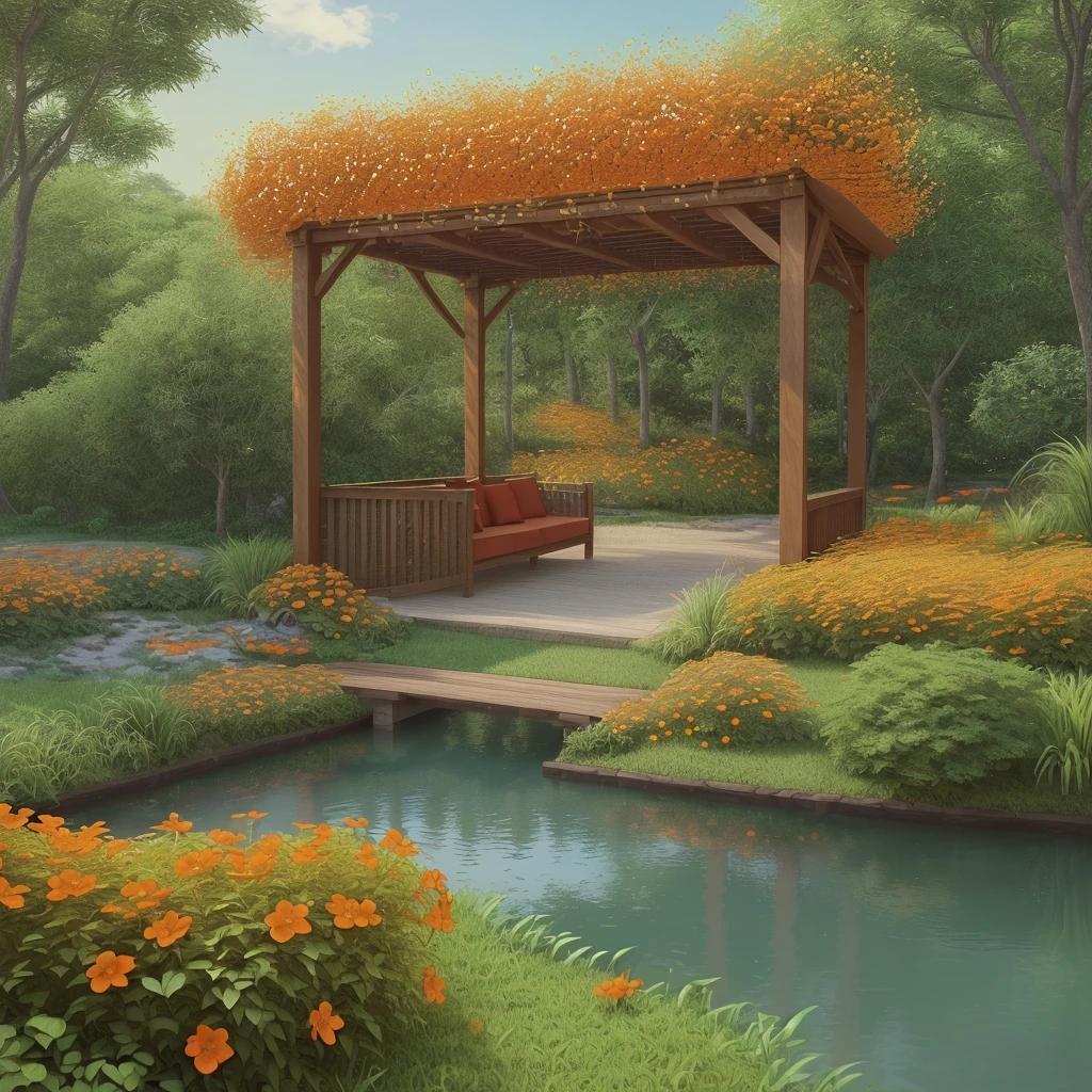 Help me create a landscaping project, being a pracinha, com plantas, wooden pergola structure, small lake, orange flowers, red flowers, ((真实感))((precision))((rendering))