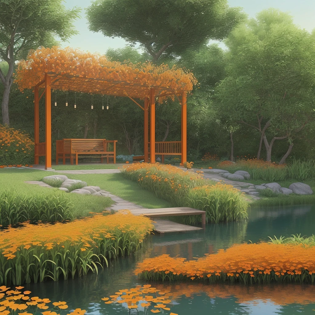 Help me create a landscaping project, being a pracinha, com plantas, wooden pergola structure, small lake, orange flowers, red flowers, ((真实感))((precision))((rendering))