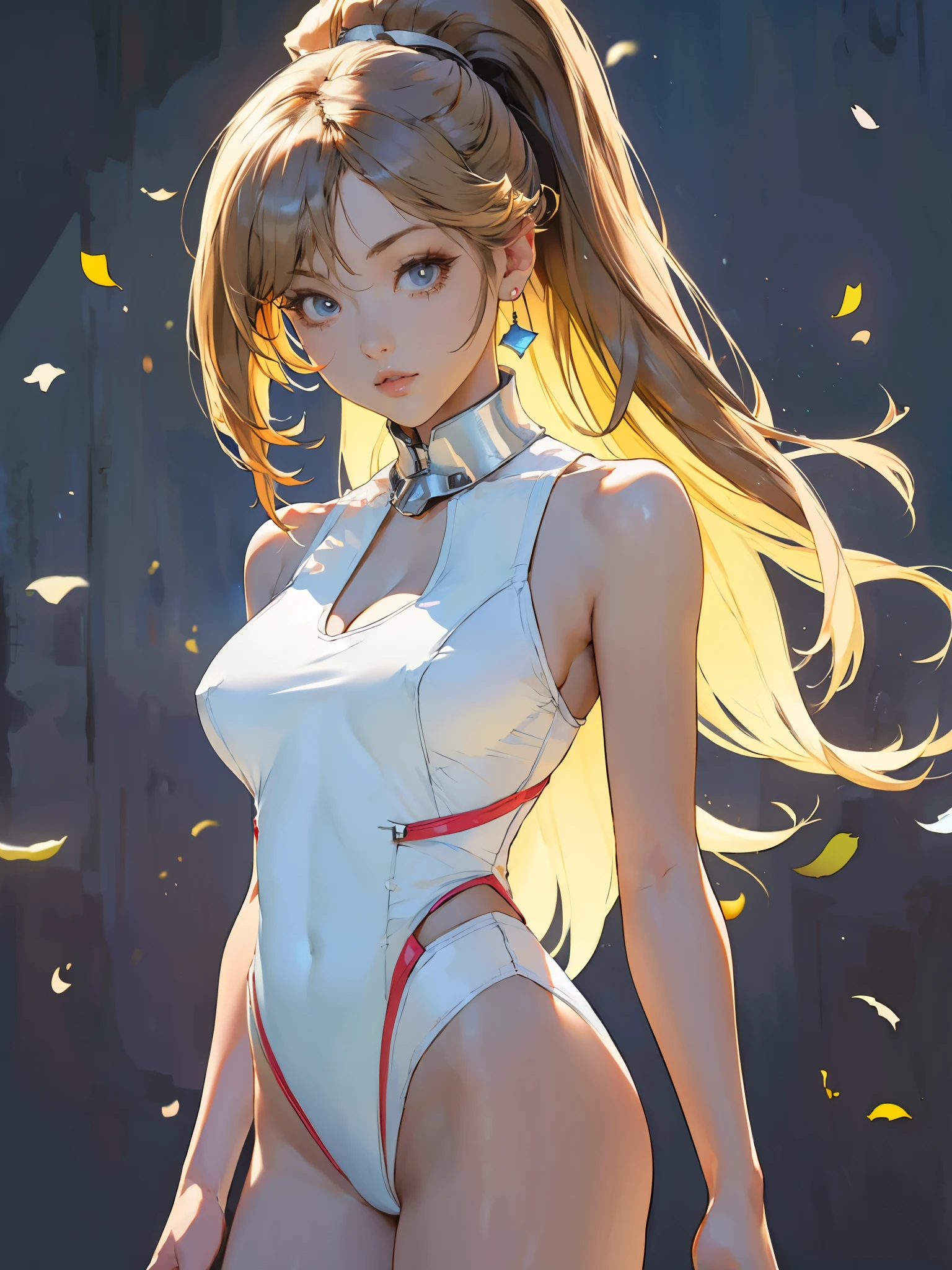 1girl, very very long hair, detailed hair, high ponytail, (white sleeveless leotard:1.2), high open funnel storm collar, side cutout, cleavage, (sideboob:1.2), detailed face, (looking at viewer:1.2), thigh, light particles, best quality, (masterpiece:1.2), ultra-high resolution, (realistic:1.3), futuristic elegance, clear focus, gentle lighting, vivid colors, (loli, cute:1.4), (breasts:1.2),