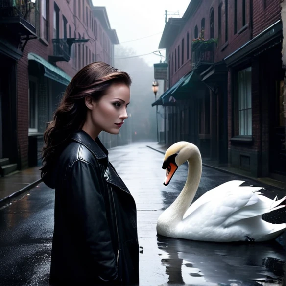 Imagine a woman with a swan head on a dark street in love supernatural 