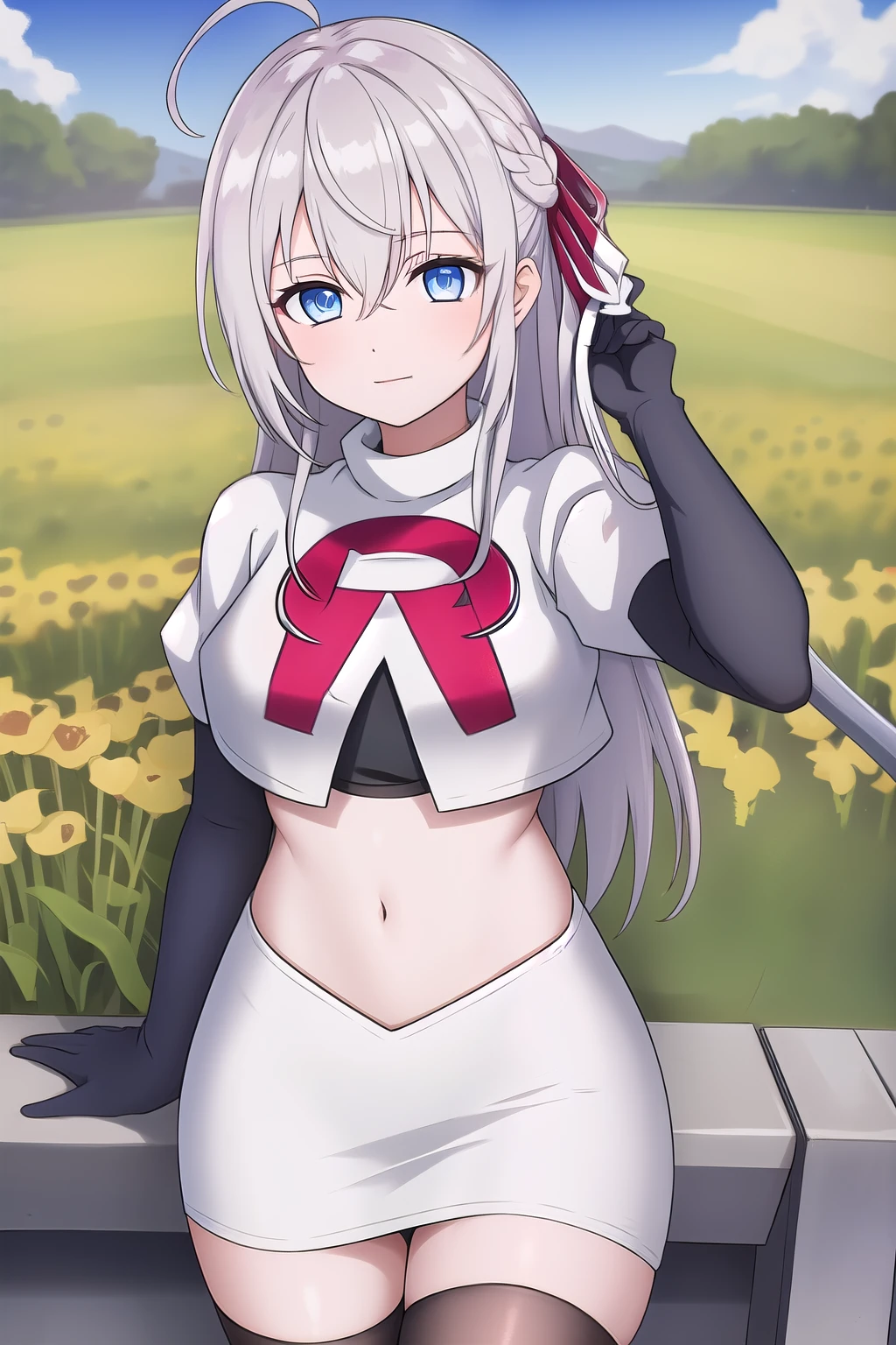 alisa,1girl,solo,long_hair,looking_at_viewer,bangs,blue_eyes,hair_between_eyes,hair_ribbon,ahoge,grey_hair,team rocket,team rocket uniform,white skirt,red letter R,crop top,black thigh-highs,black elbow gloves,flower_field