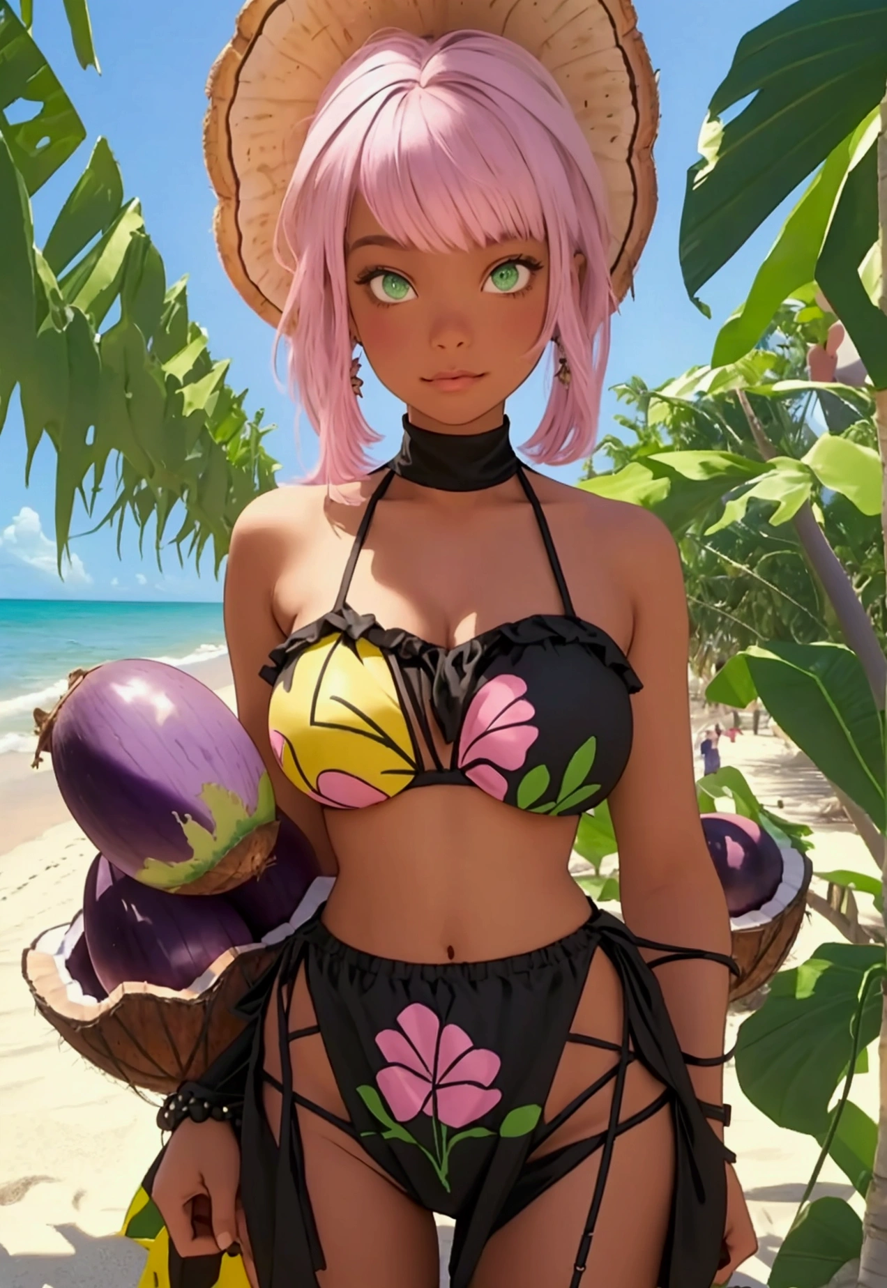 ((Artwork, high quality)), (black girl), (pink hair), (green eyes), (wearing a beach outfit), (at a large party), (decorated with normal-sized coconuts, eggplants, and bananas).






