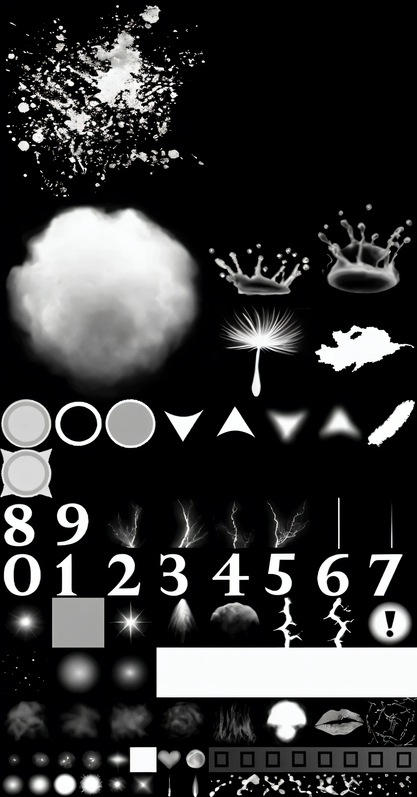particle alpha mask. game fx, best quality, a bunch of different types of black and white photoshoppedped, Super detail of each object, Rarefied floating particles, photoshopped brush, Lots of elements, photoshopped, variety of shapes and textures, flying Dust particles, ambient occlusion, cloud-emitting spores, detailed lighting and thunder, floating Dust particles, Volumetric forms, Dust particles, mostly shades of gray, Dust and particles