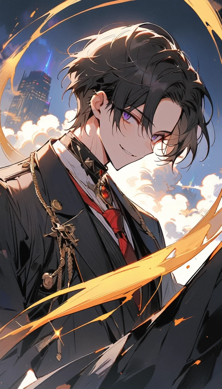 look good, alone, 1 man, short hair, Emotionless faces,1. เด็กผู้ชายที่มีblack hairและสีม่วง, Medium Height, Slim shape, long coat, Black lining,look good, short hair, black hair, rainbow hair, purple eyes, 先端がスモーキーグレーのblack hair, Smoking, black light,smile、, bright, สายตาที่เฉียบคมทำให้ฉากbrightขึ้น,uniform,Fewer accessories,whole body,white background,(Masterpiece, Highest quality), Yi Sang_edge, Default_Costume, A boy., alone, red tie, black jacket, black vest, jacket on shoulders, white shirt, collar shirt, black pants, See your viewers, city, nighttime, knife,紫色に光るknife身