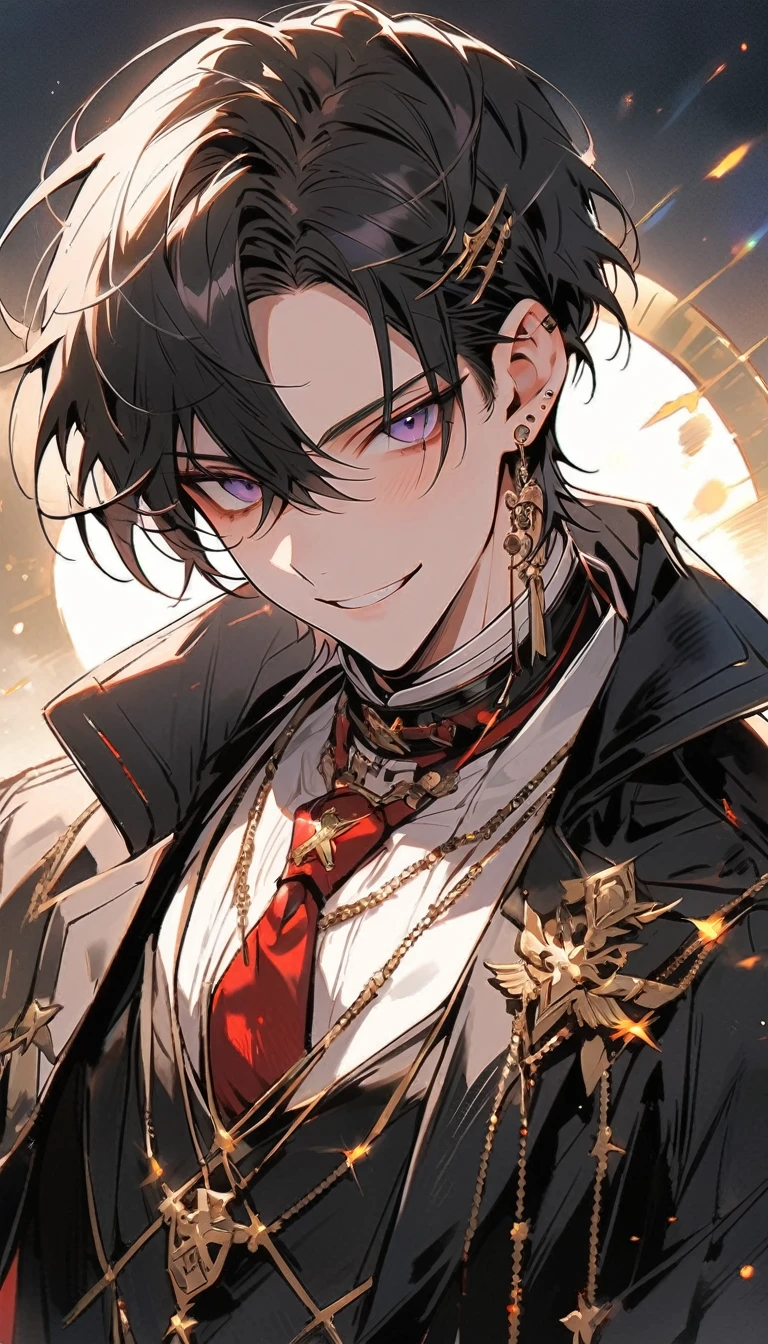 look good, alone, 1 man, short hair,  Emotionless faces,1. เด็กผู้ชายที่มีblack hairและสีม่วง,  Medium Height, Slim shape, long coat, Black lining,look good, short hair, black hair, rainbow hair, purple eyes, 先端がスモーキーグレーのblack hair,  Smoking, black light,smile、, bright, สายตาที่เฉียบคมทำให้ฉากbrightขึ้น,uniform,Fewer accessories,whole body,white background,(Masterpiece, Highest quality), Yi Sang_edge, Default_Costume, A boy., alone, red tie, black jacket, black vest, jacket on shoulders, white shirt, collar shirt, black pants, See your viewers, city, nighttime, knife,紫色に光るknife身
