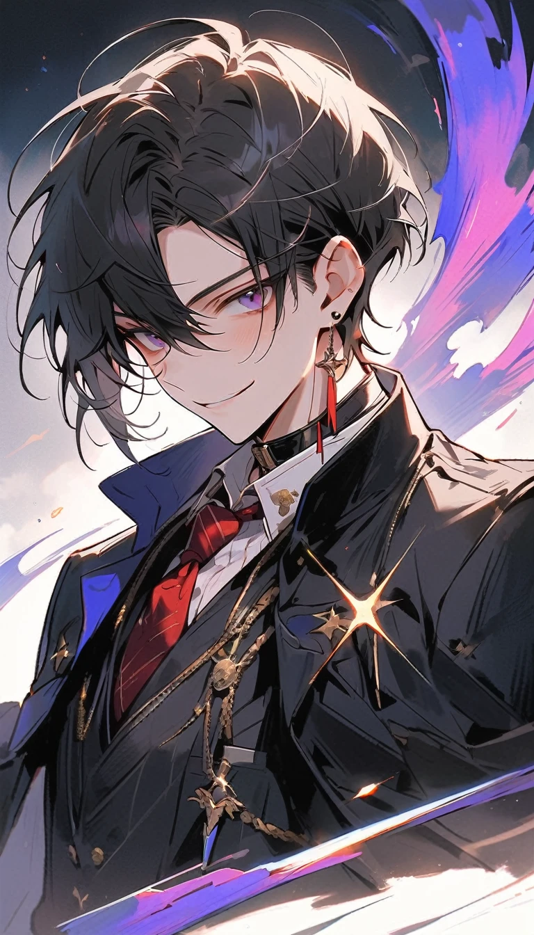 look good, alone, 1 man, short hair, Emotionless faces,1. เด็กผู้ชายที่มีblack hairและสีม่วง, Medium Height, Slim shape, long coat, Black lining,look good, short hair, black hair, rainbow hair, purple eyes, 先端がスモーキーグレーのblack hair, Smoking, black light,smile、, bright, สายตาที่เฉียบคมทำให้ฉากbrightขึ้น,uniform,Fewer accessories,whole body,white background,(Masterpiece, Highest quality), Yi Sang_edge, Default_Costume, A boy., alone, red tie, black jacket, black vest, jacket on shoulders, white shirt, collar shirt, black pants, See your viewers, city, nighttime, knife,紫色に光るknife身