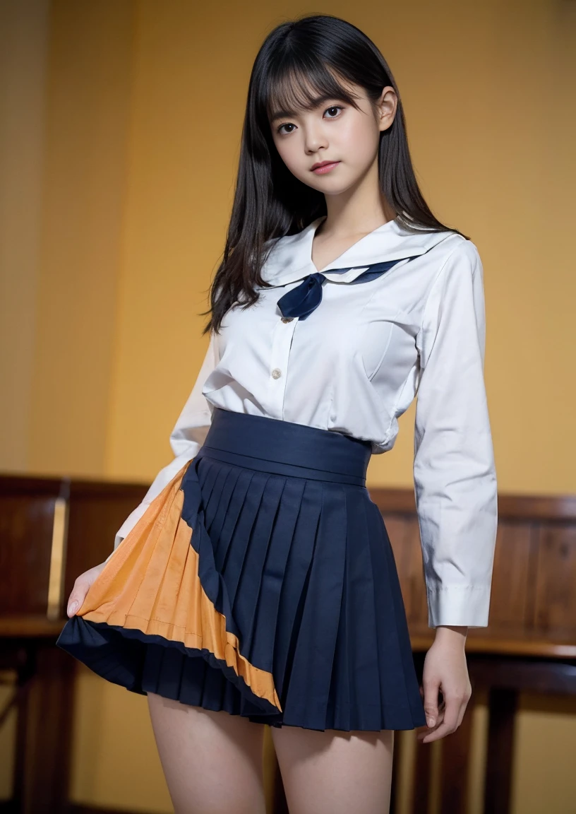((highest quality、8k、masterpiece:1.3)),((((fullbody shot)))),Ultra-high resolution,big eyes,Japanese,bangs,(a girl),(1 girl),((20 years old)),((facing at viewer)),(long hair),(((black sailor uniform))),grin,((squatting)),(pleated mini skirt),(((pussy))),((pubic hair)),((skirt lift)),(((short crew socks)))