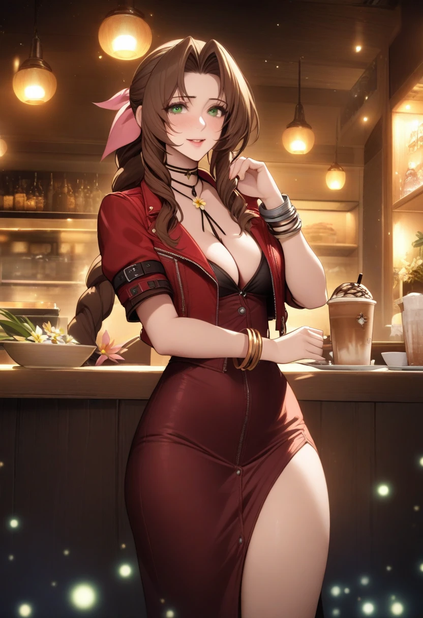 masterpiece, best quality, very aesthetic, absurdres, 1girl, mature_lady, ,,aerith_gainsborough, final_fantasy, final_fantasy_vii, final_fantasy_vii_rebirth, final_fantasy_vii_remake, 1girl, green_eyes, hair_ribbon, brown_hair, long_hair, braid, braided_ponytail, bangle, bracelet, breasts, choker, cleavage, cropped_jacket, flower_choker, jacket, jewelry, long_dress,in a cafe,glowing stardust frontground,fantasy,sparkling,fireflies,pussy_juice